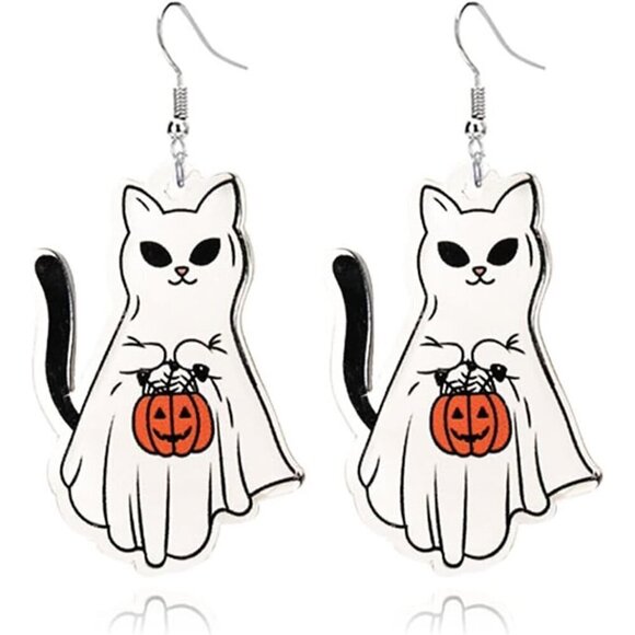 Women White Halloween Cute Ghost Pumpkin Cartoon Cat Spider Acrylic Fun Earrings - Picture 1 of 5